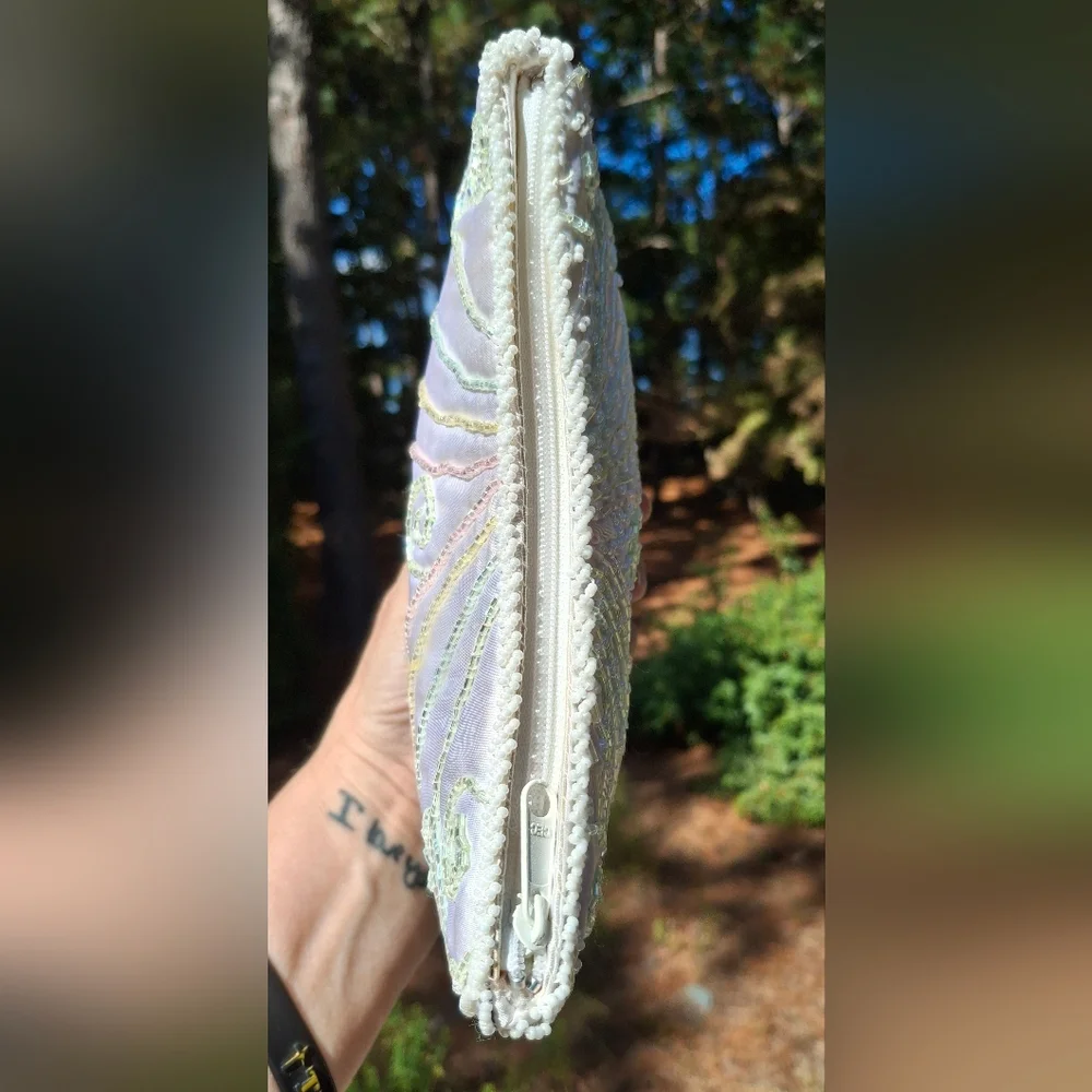 Vintage Magid White Satin & Pastel Rainbow Beaded Clutch Bag